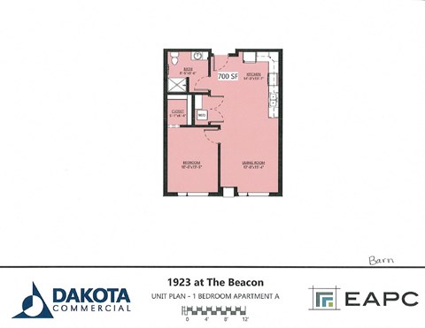 Floor plan for 1 bed, 1 bath, 700 sqft